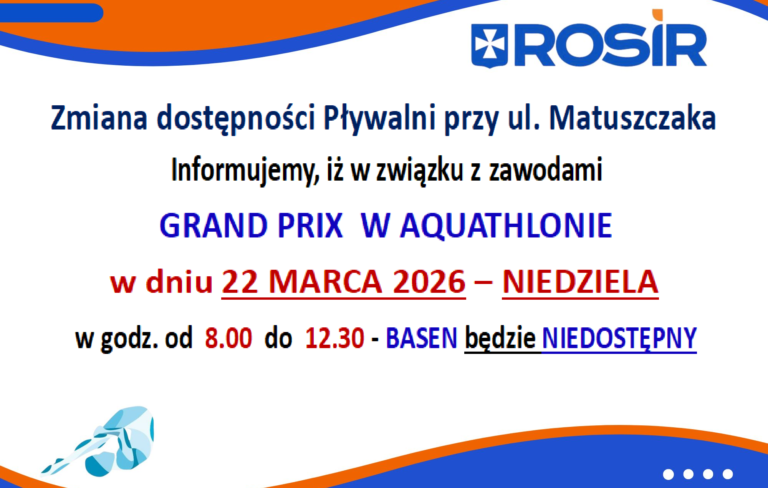ZMIANA W DOSTĘPNOŚCI PŁYWALNI KRYTEJ PRZY UL. MATUSZCZAKA – 22.03.2026 R.