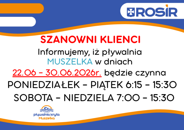 Pływalnia Kryta Muszelka ul. Starzyńskiego – zmiana godzin otwarcia