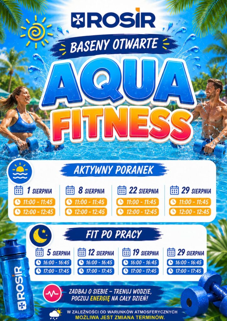 Po całym dniu pracy czas zadbać o siebie! Zapraszamy na zajęcia Aqua Fitness – Fit po Pracy organizowane na Basenach Otwartych ROSiR. Trening w wodzie pozwala skutecznie poprawić kondycję, wzmocnić mięśnie oraz zredukować napięcie po intensywnym dniu. Ćwiczenia odbywają się przy muzyce, w przyjaznej atmosferze i są odpowiednie zarówno dla osób początkujących, jak i regularnie aktywnych fizycznie. To doskonały sposób na aktywne zakończenie dnia i regenerację organizmu.