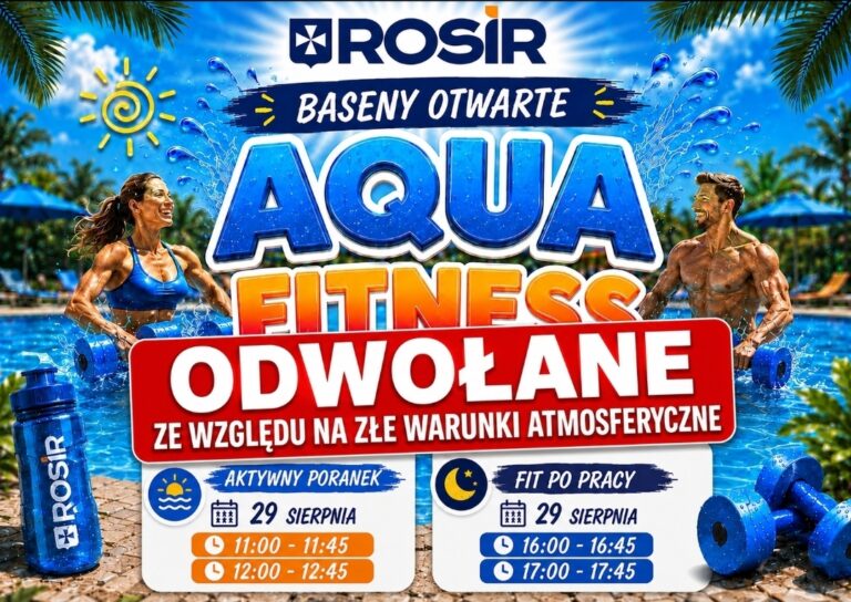 📢 WAŻNA INFORMACJA Z przykrością informujemy, że dzisiejsze zajęcia AQUA FITNESS na Basenach Otwartych ROSiR zostają ODWOŁANE ze względu na niekorzystne warunki atmosferyczne. 🌧️ Przepraszamy za niedogodności i mamy nadzieję, że już wkrótce spotkamy się ponownie w basenie! 💙🏊‍♀️🏊‍♂️ Dziękujemy za zrozumienie. #ROSIR #AquaFitness #BasenyOtwarte #Rzeszów #Odwołane