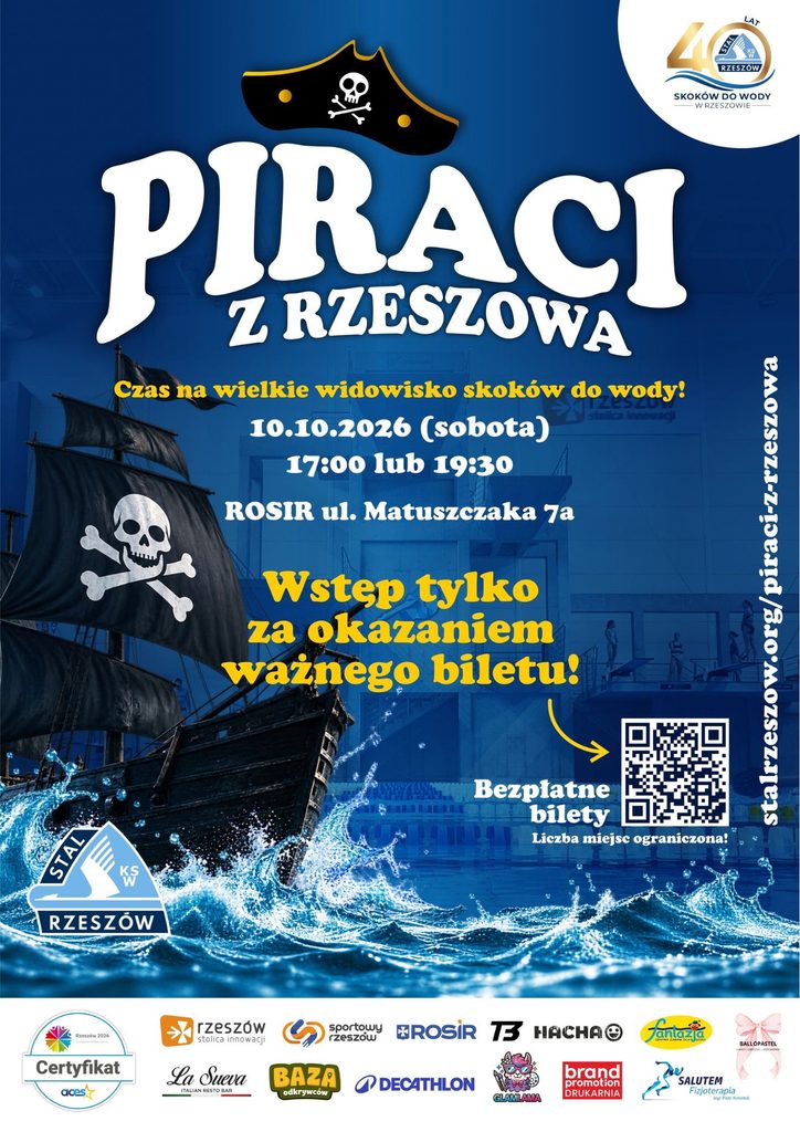 PIRACI Z RZESZOWA WRACAJĄ!
Już 10 października zapraszamy na wyjątkowe pokazy skoków do wody w wykonaniu zawodników KSW Stal Rzeszów oraz Reprezentantów Polski! 🇵🇱
📍 Basen przy ul. Matuszczaka
🕔 I pokaz – 17:00
🕢 II pokaz – 19:30
🎟️ WSTĘP WOLNY!
Aby wejść na wydarzenie, należy wcześniej wygenerować bezpłatny bilet wstępu.
Zapraszamy całe rodziny na sportowe widowisko pełne emocji, efektownych skoków i niesamowitych akrobacji!
Do zobaczenia na Matuszczaka!